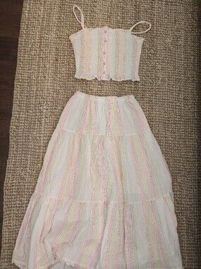 next Girls White Striped Matching Set with Pink and Lime